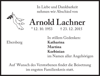 Traueranzeige von Arnold Lachner von Süddeutsche Zeitung