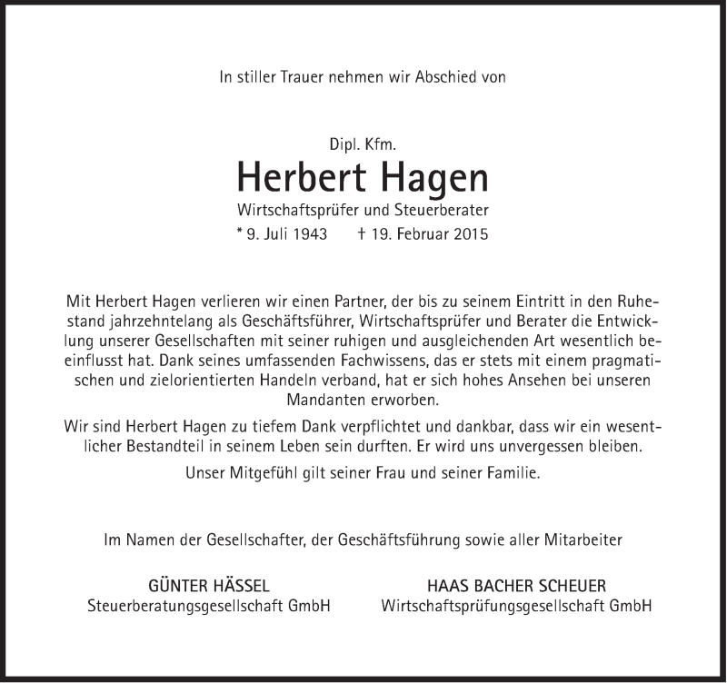  Traueranzeige für Herbert Hagen vom 24.02.2015 aus Süddeutsche Zeitung