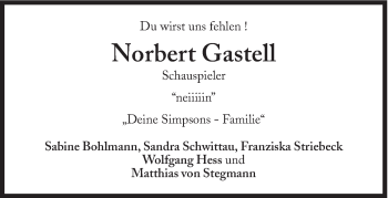 Traueranzeige von Norbert Gastell von Süddeutsche Zeitung