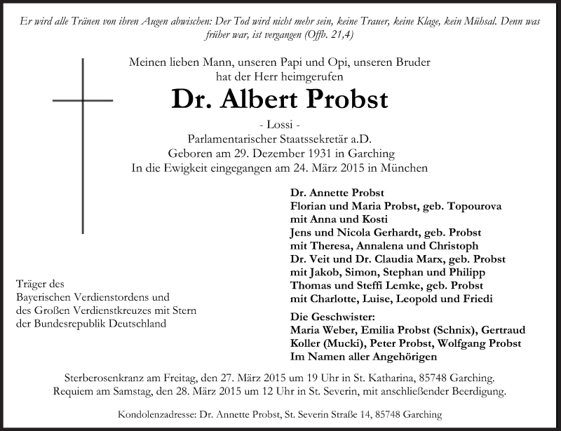  Traueranzeige für Albert Probst vom 26.03.2015 aus Süddeutsche Zeitung