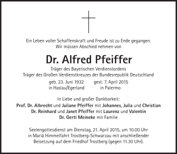 Traueranzeige von Dr. Alfred Pfeiffer von Süddeutsche Zeitung