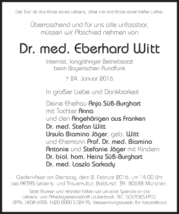 Traueranzeige von Eberhard Witt von Süddeutsche Zeitung