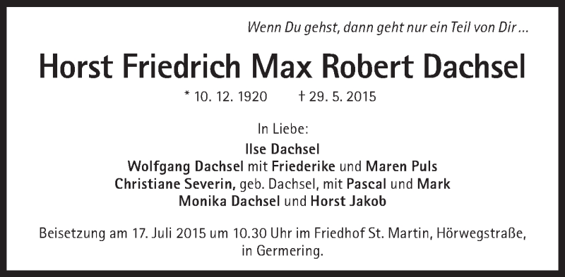  Traueranzeige für Horst Friedrich Max Robert Dachsel vom 11.07.2015 aus Süddeutsche Zeitung