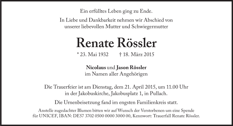  Traueranzeige für Renate Rössler vom 11.04.2015 aus Süddeutsche Zeitung