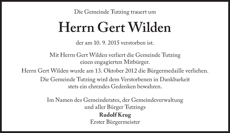  Traueranzeige für Gert Wilden vom 15.09.2015 aus Süddeutsche Zeitung
