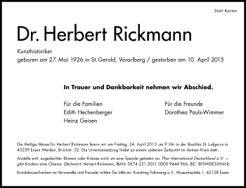 Traueranzeige von Herbert Rickmann von Süddeutsche Zeitung