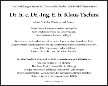 Traueranzeige von Klaus Tschira von Süddeutsche Zeitung