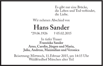 Traueranzeige von Hans Sander von Süddeutsche Zeitung