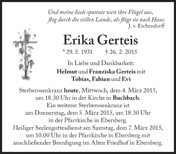 Traueranzeige von Erika Gerteis von Süddeutsche Zeitung