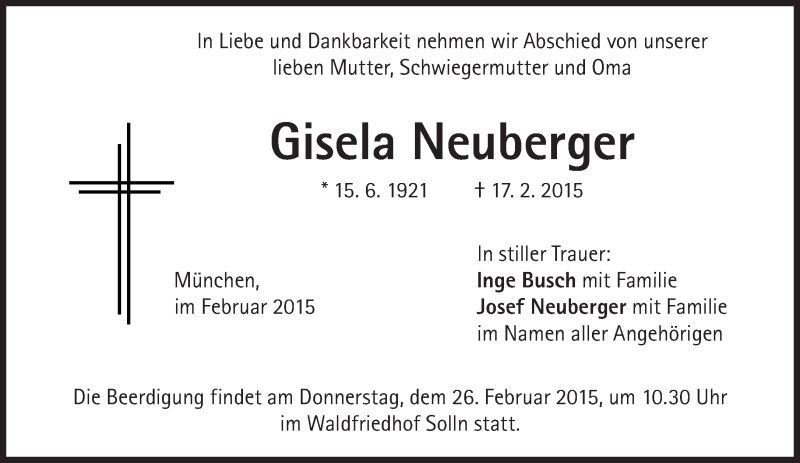  Traueranzeige für Gisela Neuberger vom 21.02.2015 aus Süddeutsche Zeitung