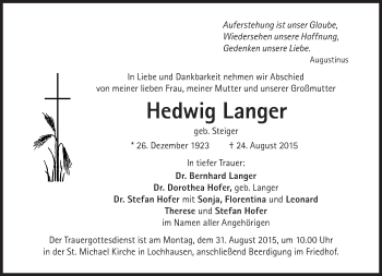 Traueranzeige von Hedwig Langer von Süddeutsche Zeitung