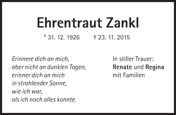 Traueranzeige von Ehrentraut Zankl von Süddeutsche Zeitung
