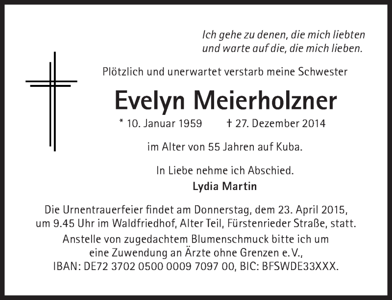  Traueranzeige für Evelyn Meierholzner vom 04.04.2015 aus Süddeutsche Zeitung