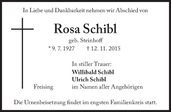 Traueranzeige von Rosa Schibl von SZ Trauer