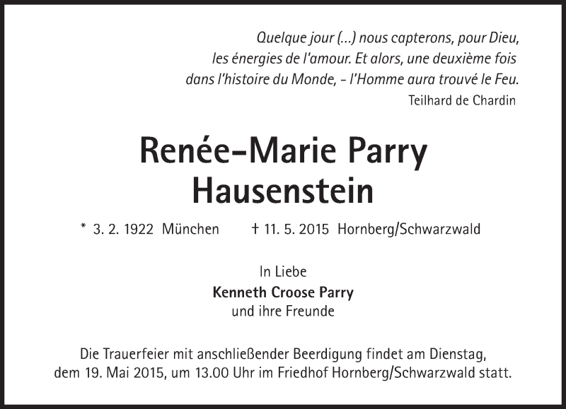  Traueranzeige für Renée-Marie Parry Hausenstein vom 15.05.2015 aus Süddeutsche Zeitung