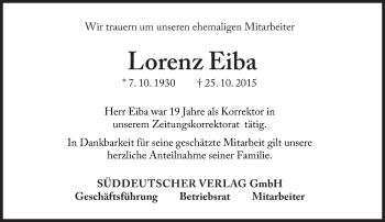 Traueranzeige von Lorenz Eiba von Süddeutsche Zeitung