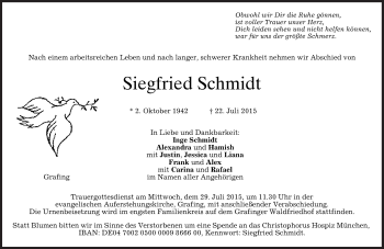 Traueranzeige von Siegfried Schmidt von Süddeutsche Zeitung