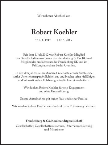 Traueranzeige von Robert Koehler von Süddeutsche Zeitung
