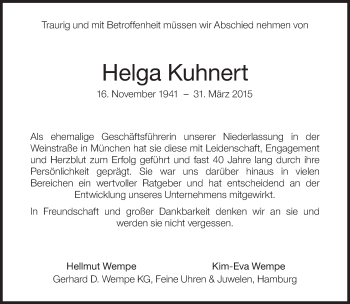 Traueranzeige von Helga Kuhnert von Süddeutsche Zeitung
