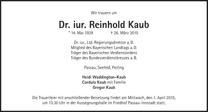  Traueranzeige für Reinhold Kaub vom 28.03.2015 aus Süddeutsche Zeitung