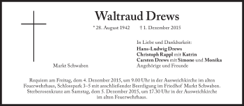 Traueranzeige von Waltraud Drews von Süddeutsche Zeitung