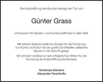 Traueranzeige von Günter Grass von Süddeutsche Zeitung