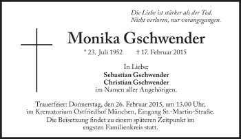 Traueranzeige von Monika Gschwender von Süddeutsche Zeitung