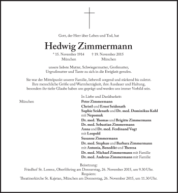 Traueranzeige von Hedwig Zimmermann von Süddeutsche Zeitung