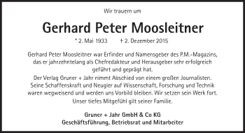 Traueranzeige von Gerhard Peter Moosleitner  von Süddeutsche Zeitung
