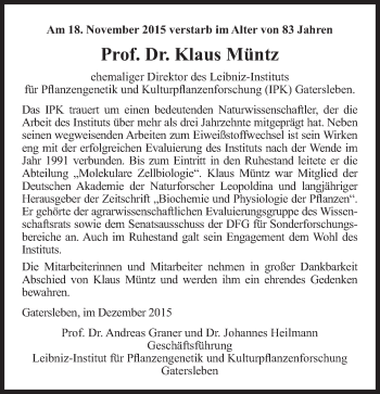 Traueranzeige von Klaus Müntz von Süddeutsche Zeitung