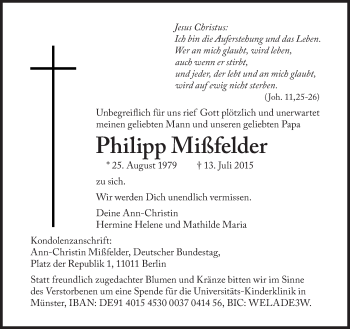 Traueranzeige von Philipp Mißfelder von Süddeutsche Zeitung