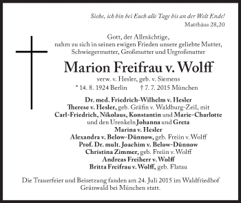 Traueranzeige von Marion Freifrau von Wolff von Süddeutsche Zeitung