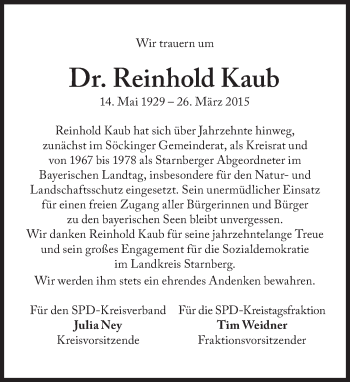 Traueranzeige von Reinhold Kaub von Süddeutsche Zeitung