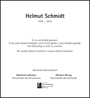 Traueranzeige von Helmut Schmidt von Süddeutsche Zeitung