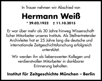 Traueranzeige von Hermann Weiß von Süddeutsche Zeitung
