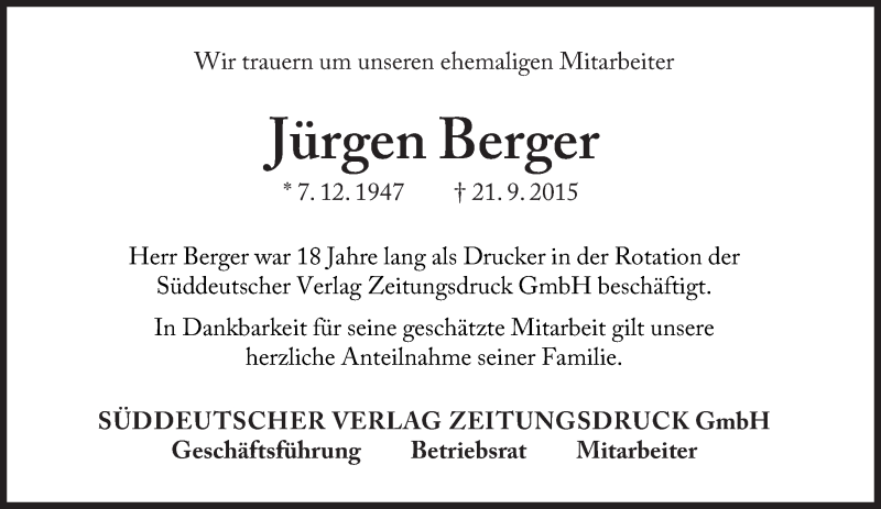  Traueranzeige für Jürgen Berger  vom 04.11.2015 aus Süddeutsche Zeitung