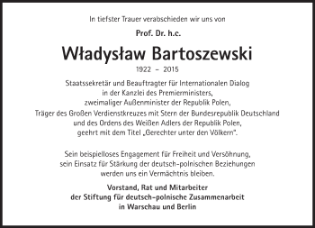 Traueranzeige von Prof. Dr. h.c. Wladyslaw Bartoszewski von Süddeutsche Zeitung