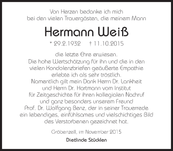 Traueranzeige von Hermann Weiß von Süddeutsche Zeitung