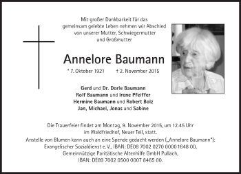 Traueranzeige von Annelore Baumann von Süddeutsche Zeitung