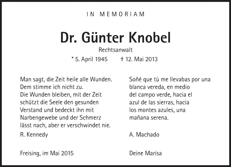  Traueranzeige für Günter Knobel vom 12.05.2015 aus Süddeutsche Zeitung