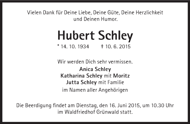  Traueranzeige für Hubert Schley vom 13.06.2015 aus Süddeutsche Zeitung