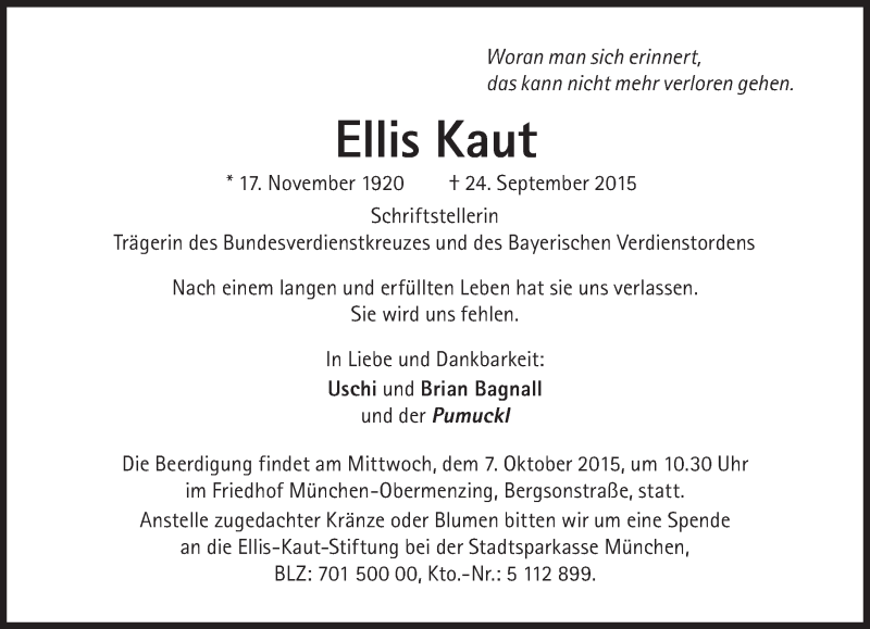  Traueranzeige für Ellis Kaut vom 26.09.2015 aus Süddeutsche Zeitung