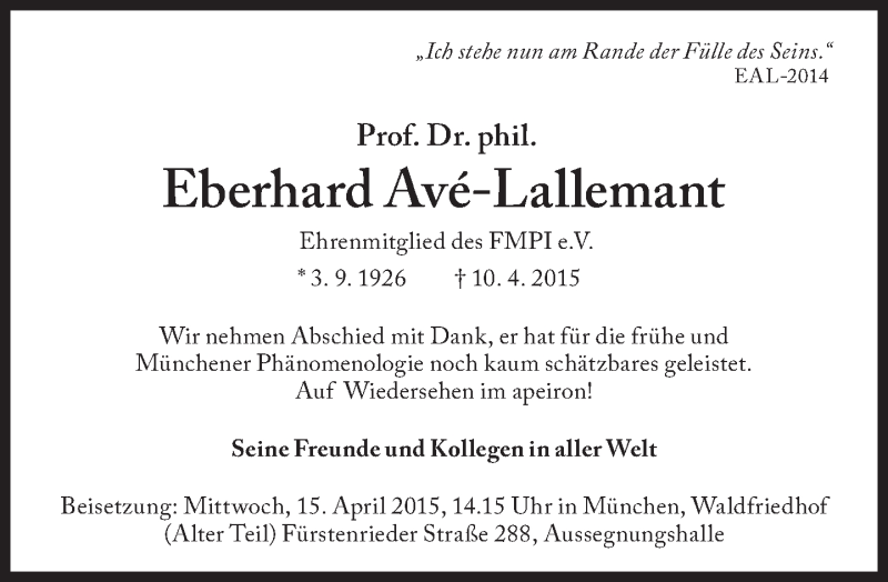  Traueranzeige für Eberhard Avé-Lallemant vom 14.04.2015 aus Süddeutsche Zeitung