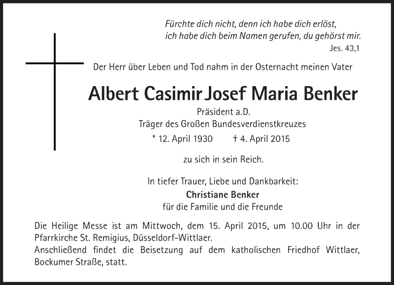  Traueranzeige für Albert Casimir Josef Maria Benker vom 11.04.2015 aus Süddeutsche Zeitung