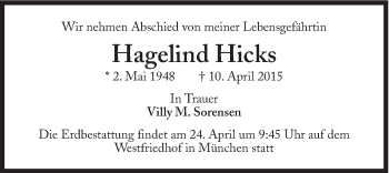 Traueranzeige von Hagelind Hicks von Süddeutsche Zeitung