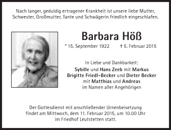 Traueranzeige von Barbara Höß von Süddeutsche Zeitung