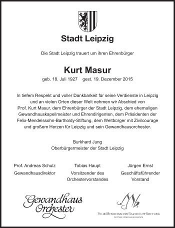 Traueranzeige von Kurt Masur von Süddeutsche Zeitung