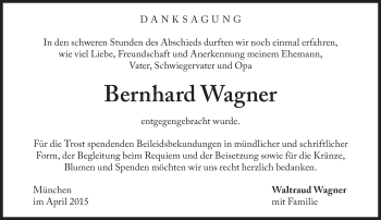 Traueranzeige von Bernhard Wagner von Süddeutsche Zeitung