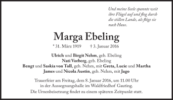 Traueranzeige von Marga Ebeling von Süddeutsche Zeitung