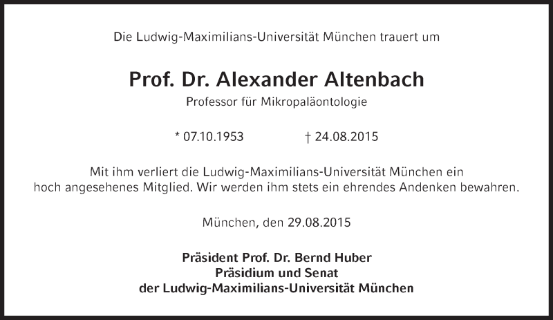 Traueranzeige für Alexander V.  Altenbach vom 29.08.2015 aus Süddeutsche Zeitung